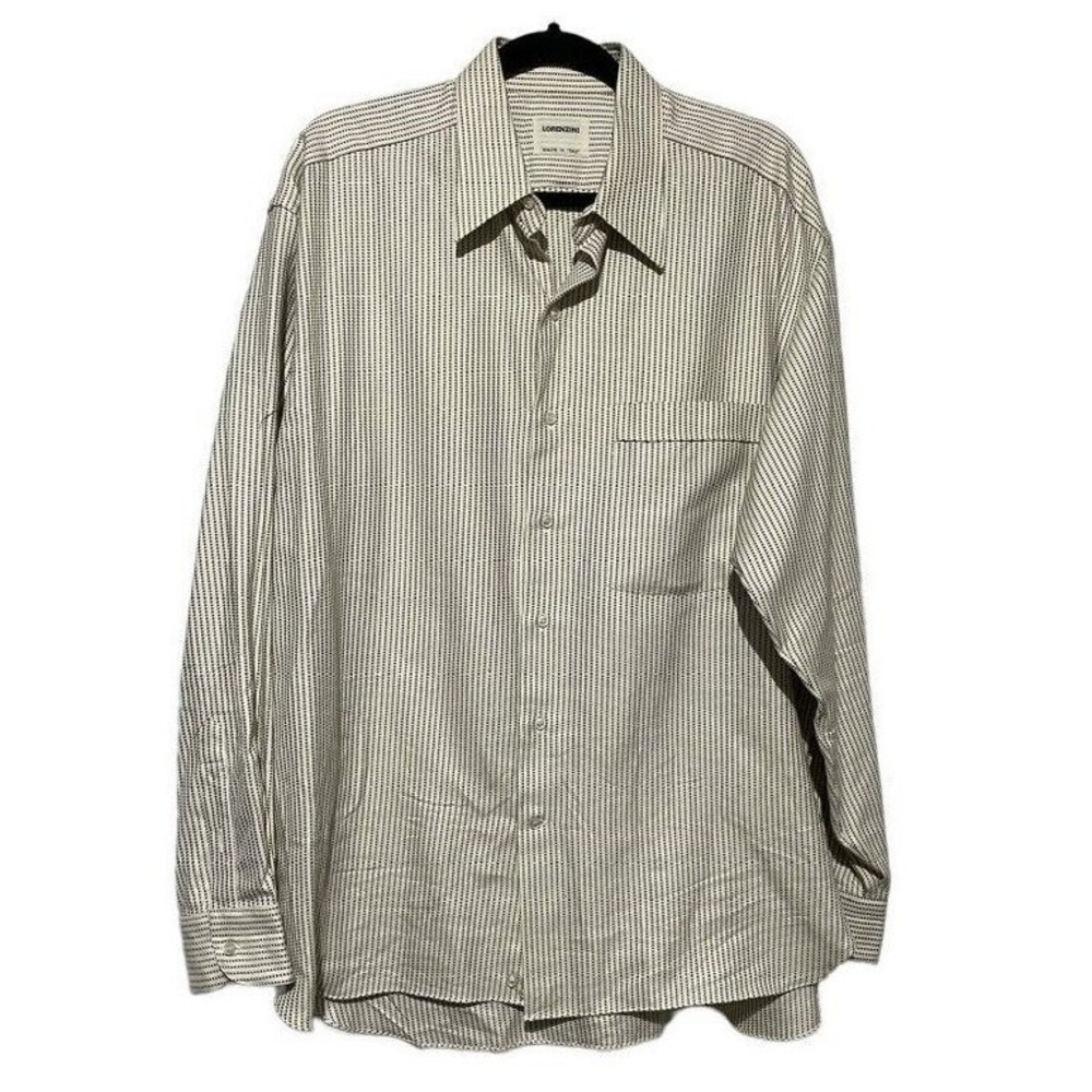 Lorenzini Mens Italy Cotton Micro Check Button Up Shirt Cream Black Size 42 16.5